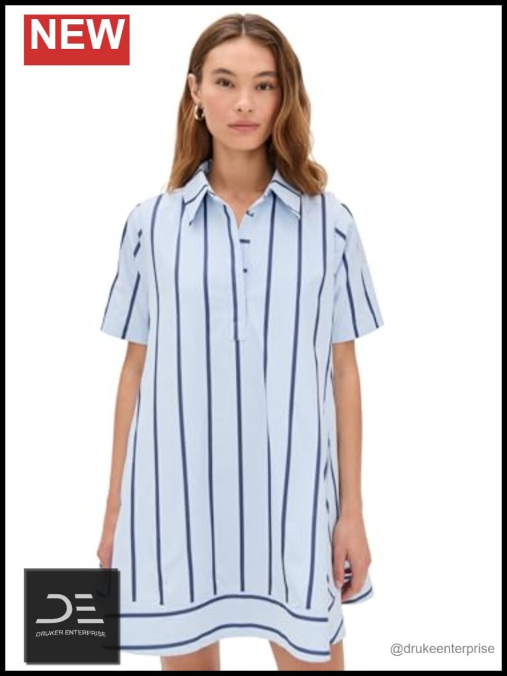 English Factory Striped Mini Dress Button Down Collar Short Sleeve Casual